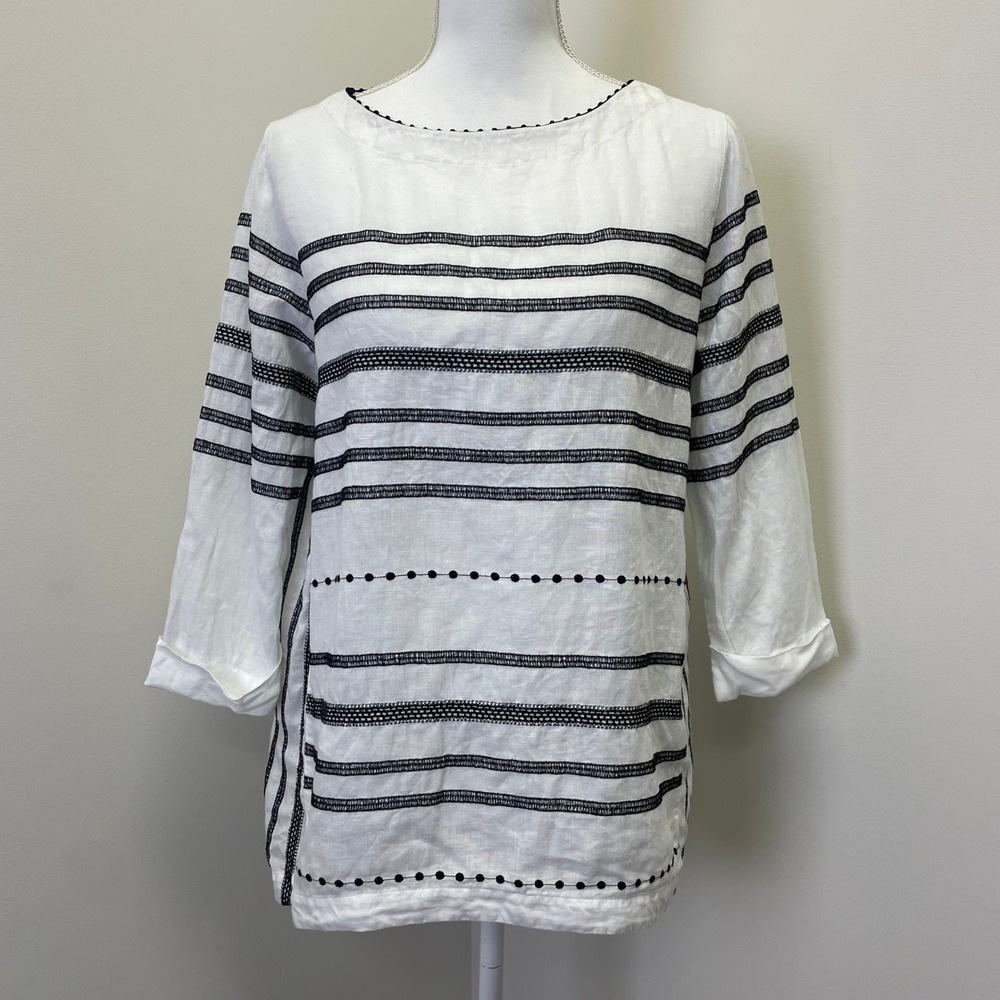 J. Jill Love Linen White Black Embroidered Striped Pom Trim Tunic Top Small